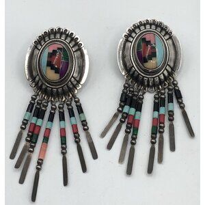 Vintage Sterling Silver Southwestern Turquoise Stone Bead Tassel Earrings